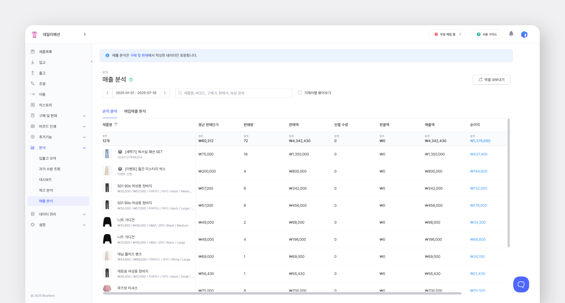 손익 분석 화면